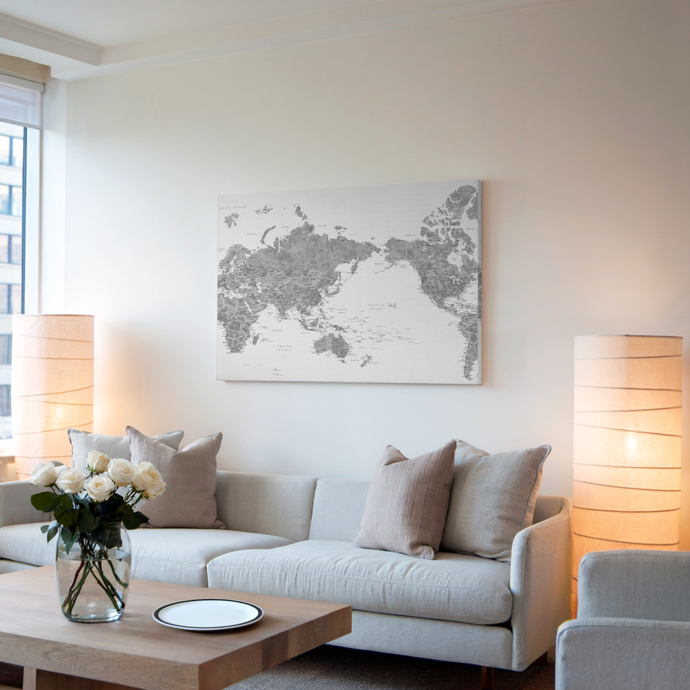 Canvas print - Pacific centered world map in gray watercolor in living room