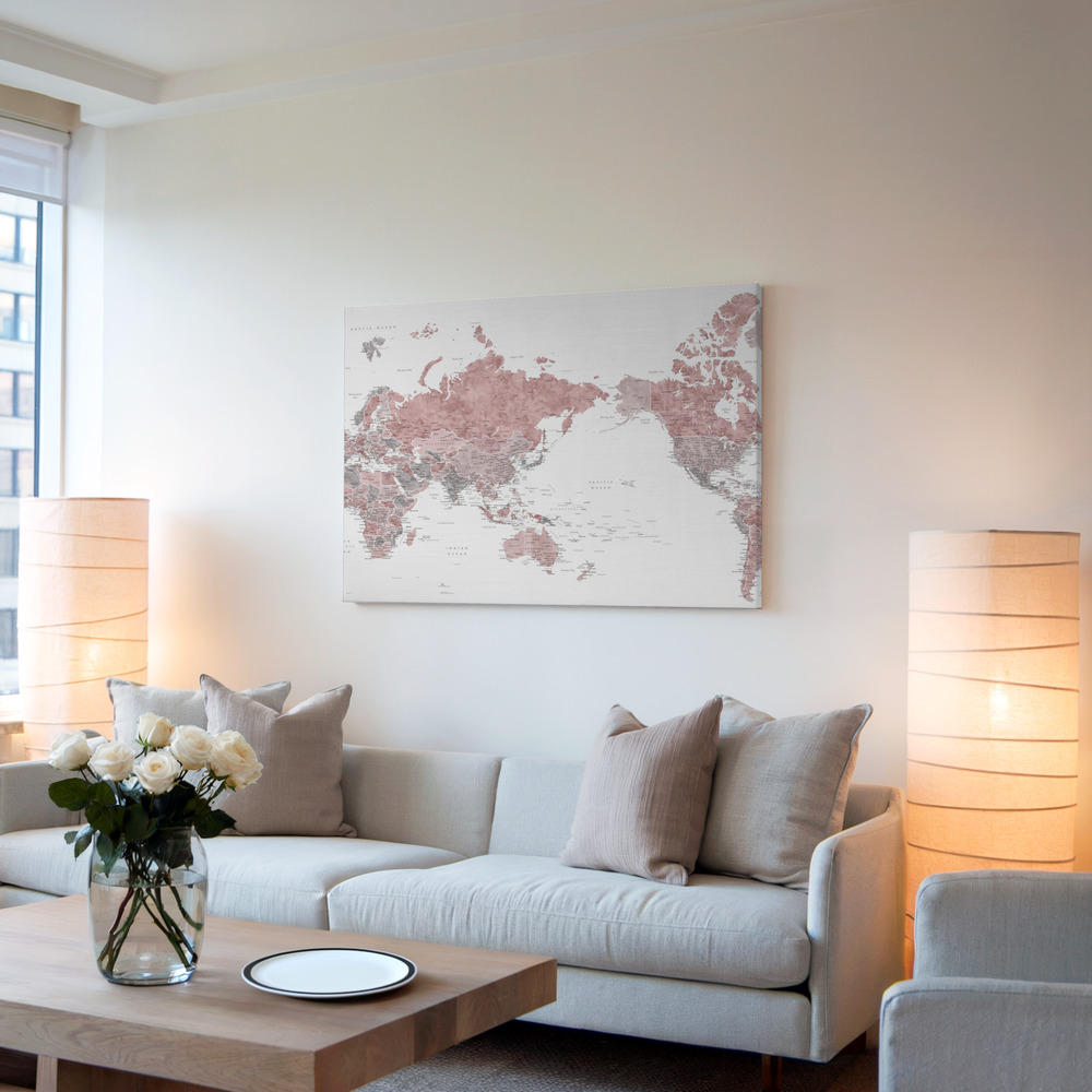 Obraz na płótnie - Pacific centered world map in dusty pink w salonie