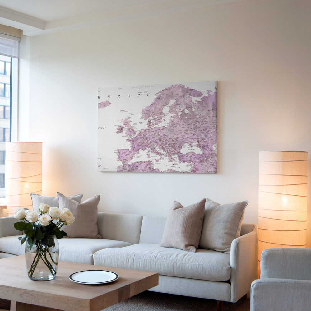 Canvas print - Purple detailed map of Europe in living room
