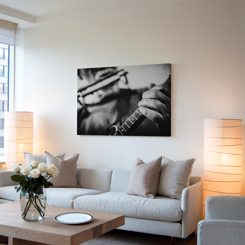 Canvas print - Wolf with mandolin and harmonica in living room