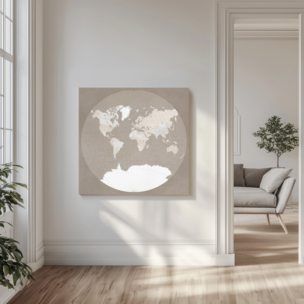 Canvas print - The world map in a circle, muted brown in the livingroom