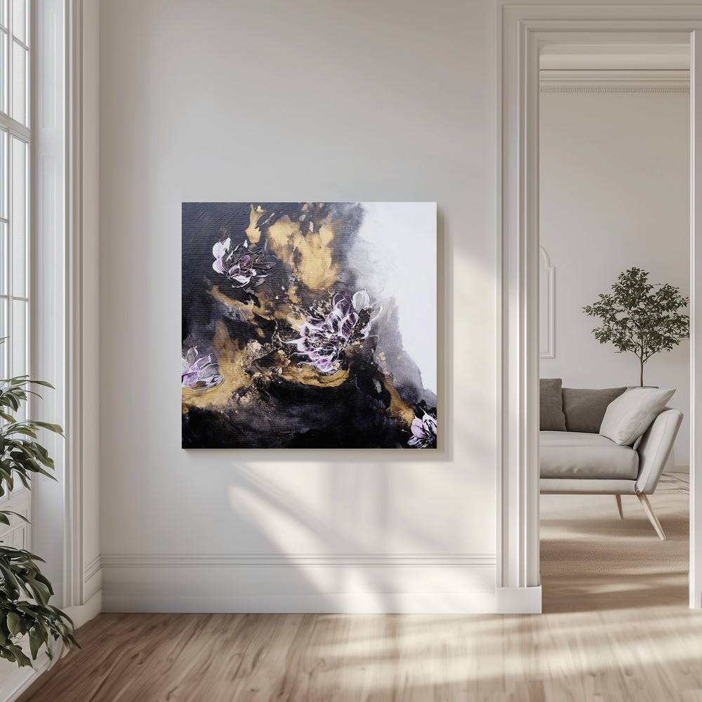 Canvas schilderi - Floral Painting with Purple and White Blossoms in de woonkamer