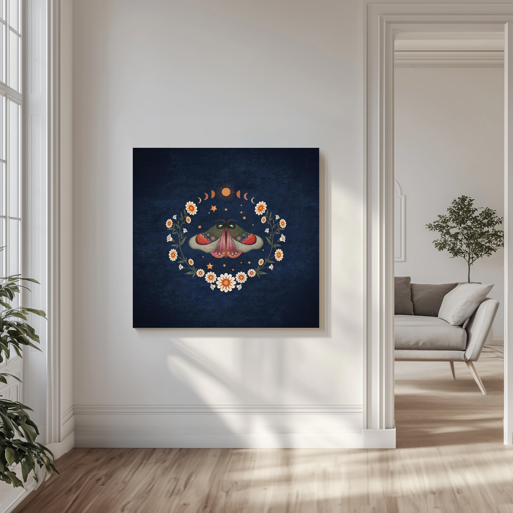 Stampe su tela - Moonlit Moth Symphony in salotto