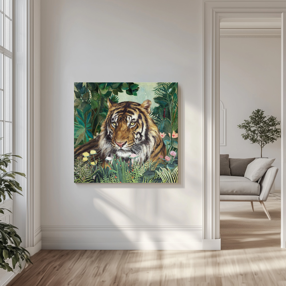 Leinwandbild - Reclining Tiger In a Rousseau Landscape in der Wohnstube