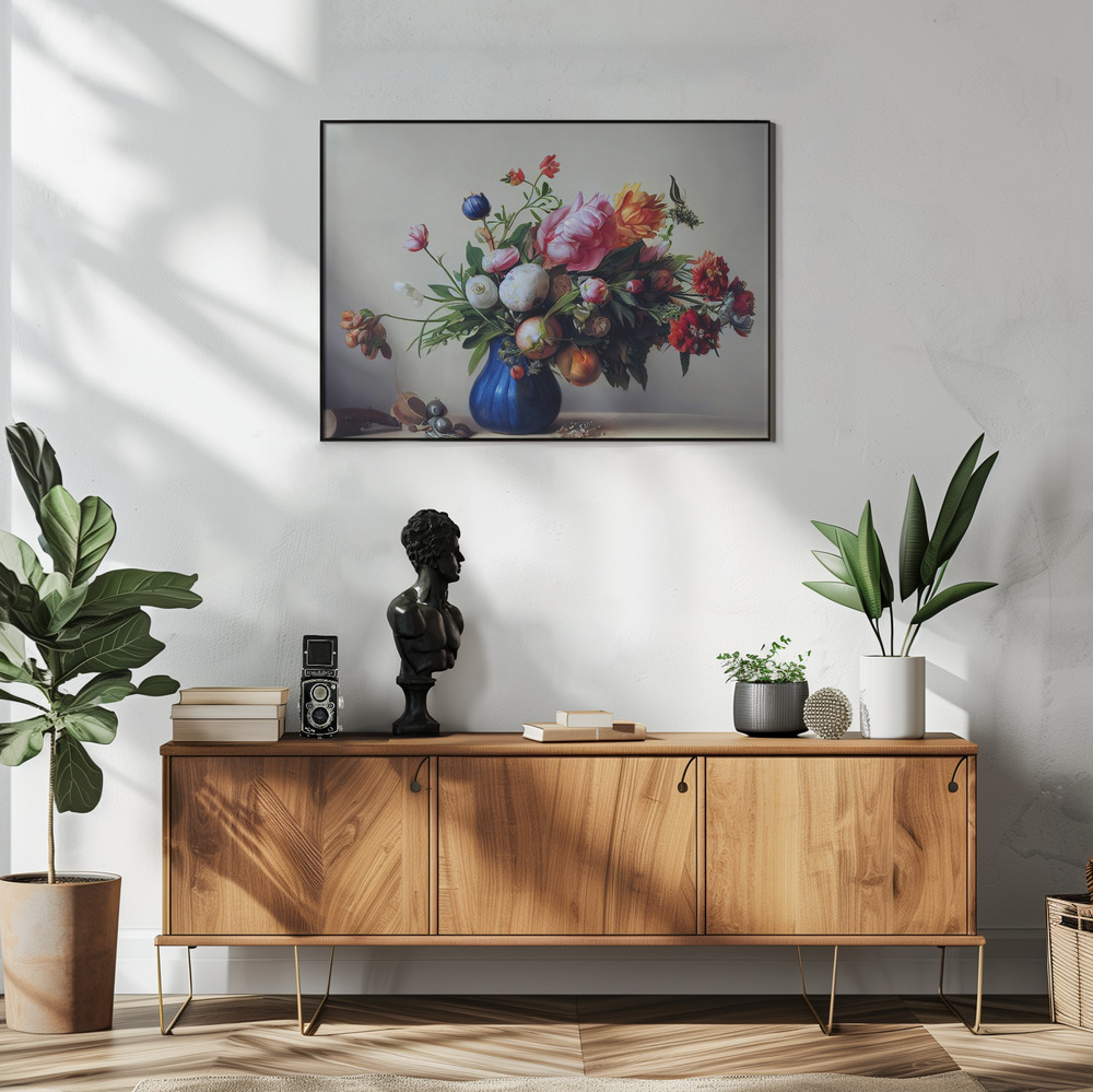 Affiche - Flower Bouquet With Blue Vase dans le salon