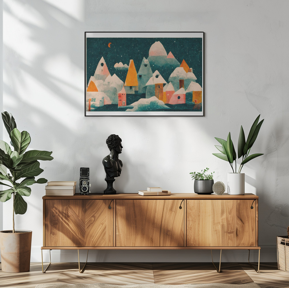Poster - Little Village With Moon im Wohnzimmer